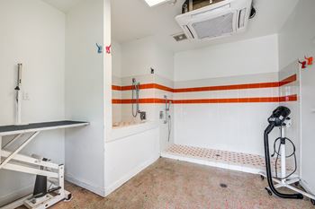 a bathroom with white walls and orange and white stripes on the wall at Century Belmont Station, Louisville, 40243
